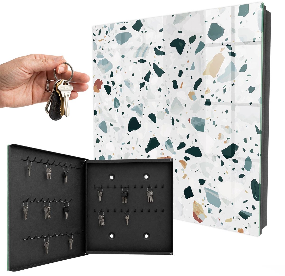 WallMuralia - Sleutelkast - 30x30x5 cm - met 50 haken - Kleurrijke Kiezelstenen Sleutelkastje - Groente Sleutelbox - Linksopenend - Zwart interieur