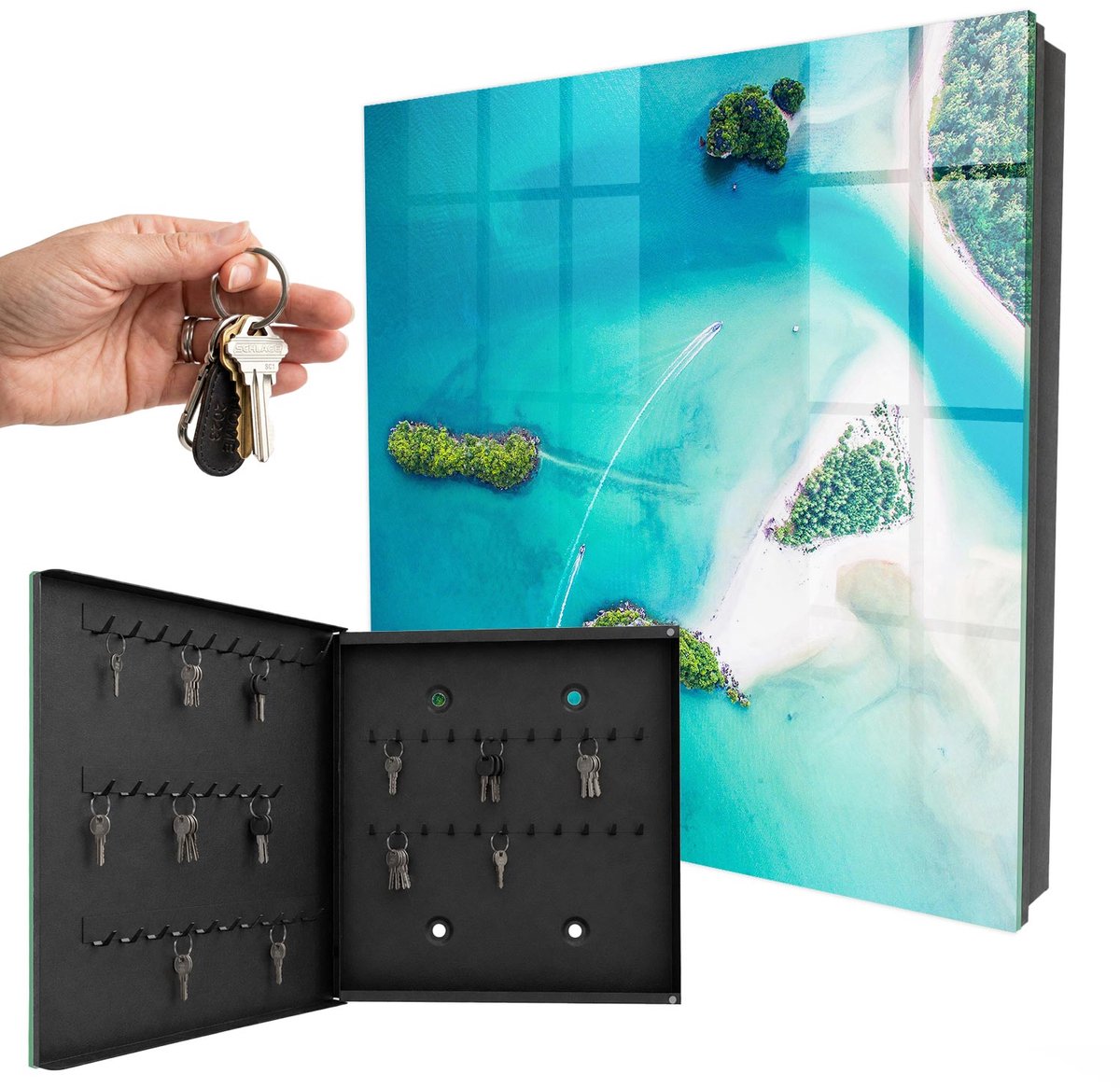WallMuralia - Sleutelkast - 30x30x5 cm - met 50 haken - Exotische Stranden Leuk Sleutelkastje - Turkoois Sleutelbox - Linksopenend - Zwart interieur