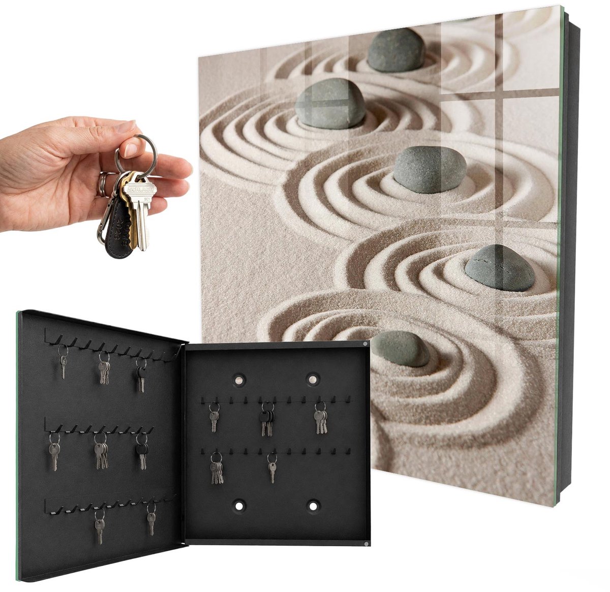 WallMuralia - Sleutelkast - 30x30x5 cm - met 50 haken - Zen-Vrede Sleutelkastje Klein - Beige Sleutelbox - Linksopenend - Zwart interieur