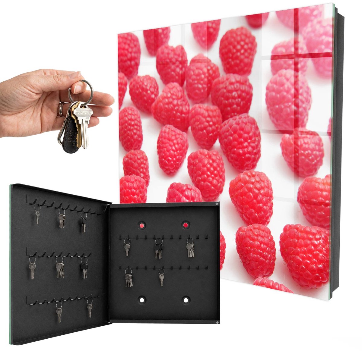 WallMuralia - Sleutelkast - 30x30x5 cm - met 50 haken - Roze Frambozen Sleutelkastje - Roze Sleutelbox - Linksopenend - Zwart interieur