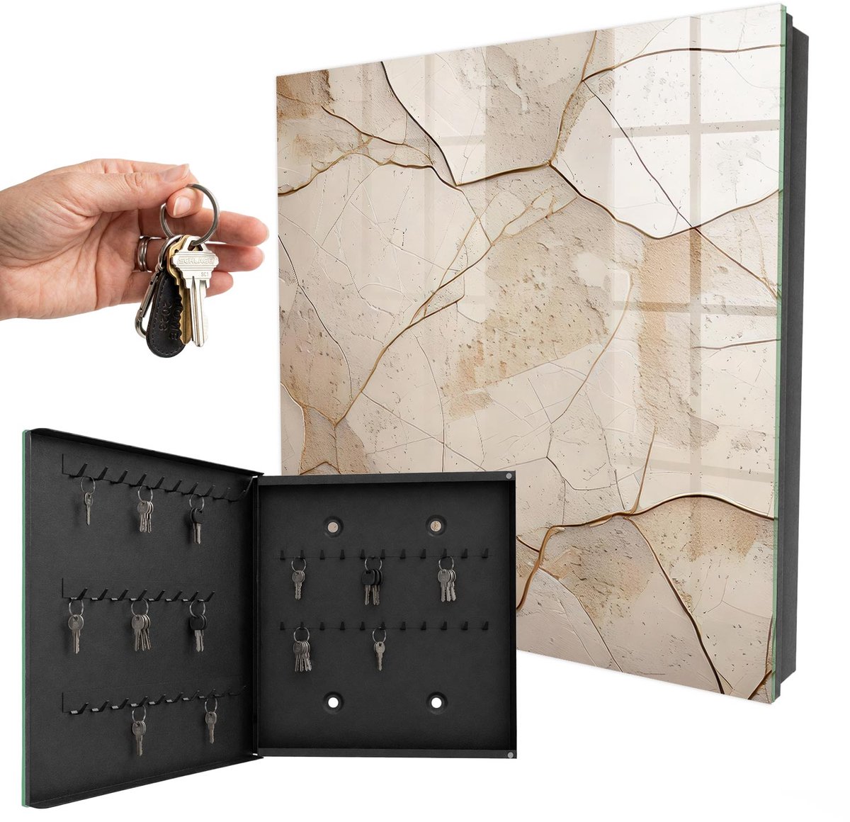 WallMuralia - Sleutelkast - 30x30x5 cm - met 50 haken - Subtiele Aarde Design Sleutelkastje - Beige Sleutelbox - Linksopenend - Zwart interieur