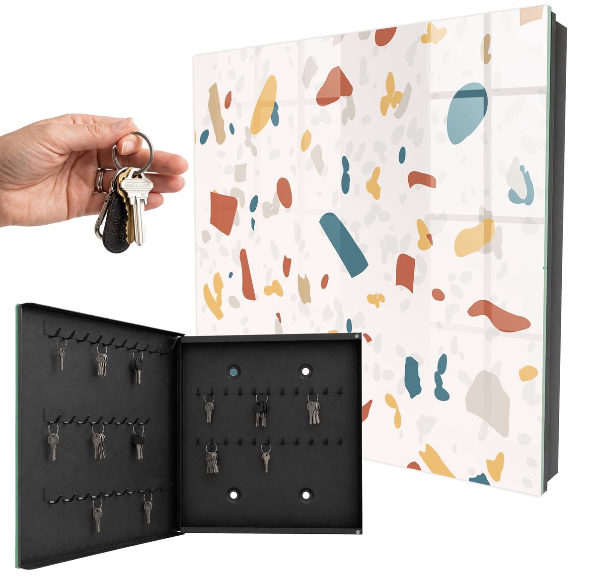 WallMuralia - Sleutelkast - 30x30x5 cm - met 50 haken - Abstracte Compositie Sleutelkastje Muur - Beige Sleutelbox - Linksopenend - Zwart interieur