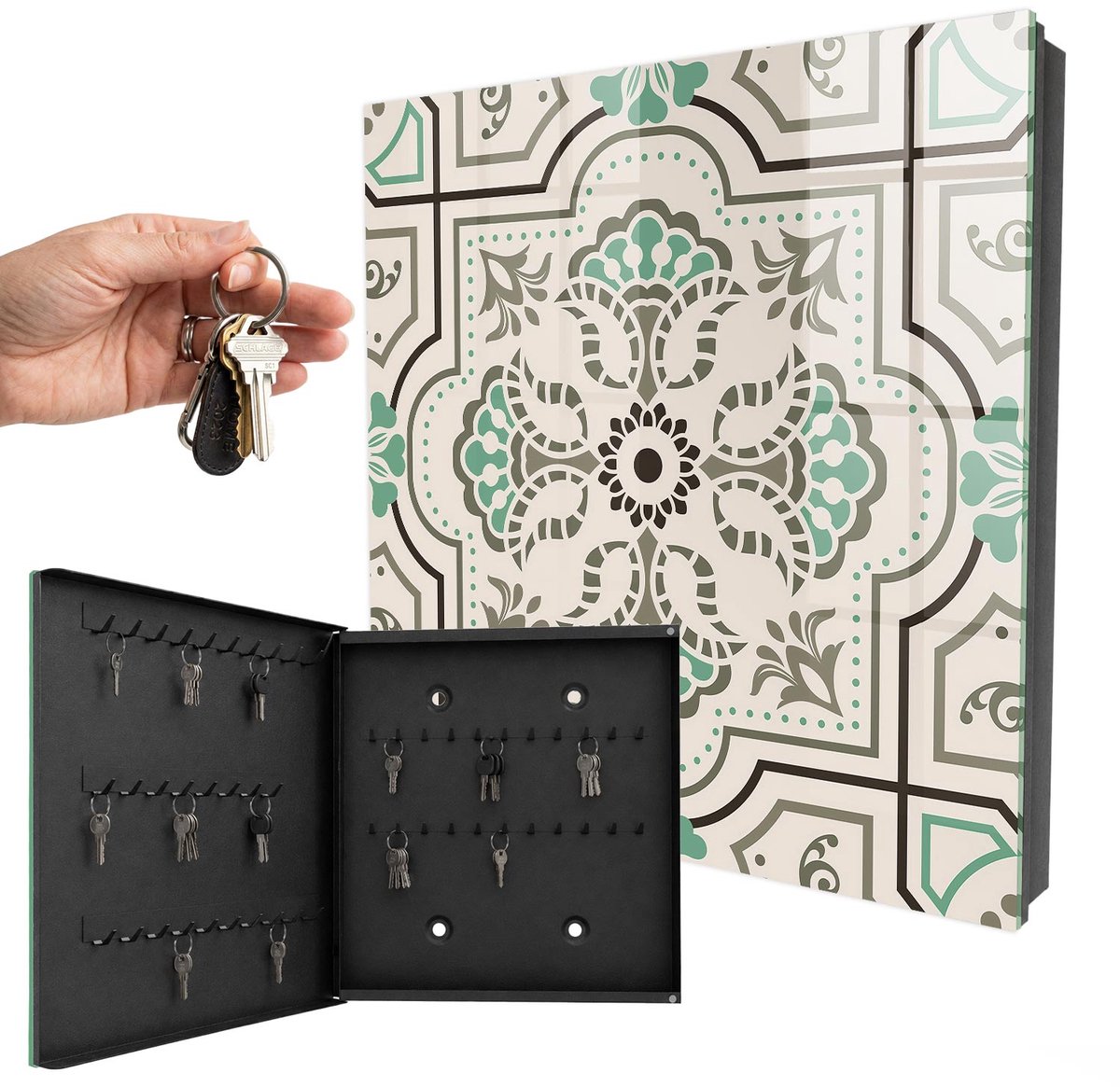 WallMuralia - Sleutelkast - 30x30x5 cm - met 50 haken - Geometrische Decoratie Leuk Sleutelkastje - Beige Sleutelbox - Linksopenend - Zwart interieur