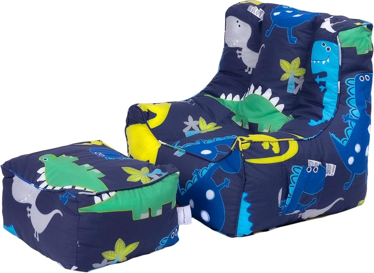 Steady Bed Kinderzitzak Stoel Met Voetbank | Kinderspelen Veilig Soft Seat Speelkamer Sofa | Ergonomisch ontworpen Peuter Fauteuil | Comfortabele Kindermeubels (Dino Dark)