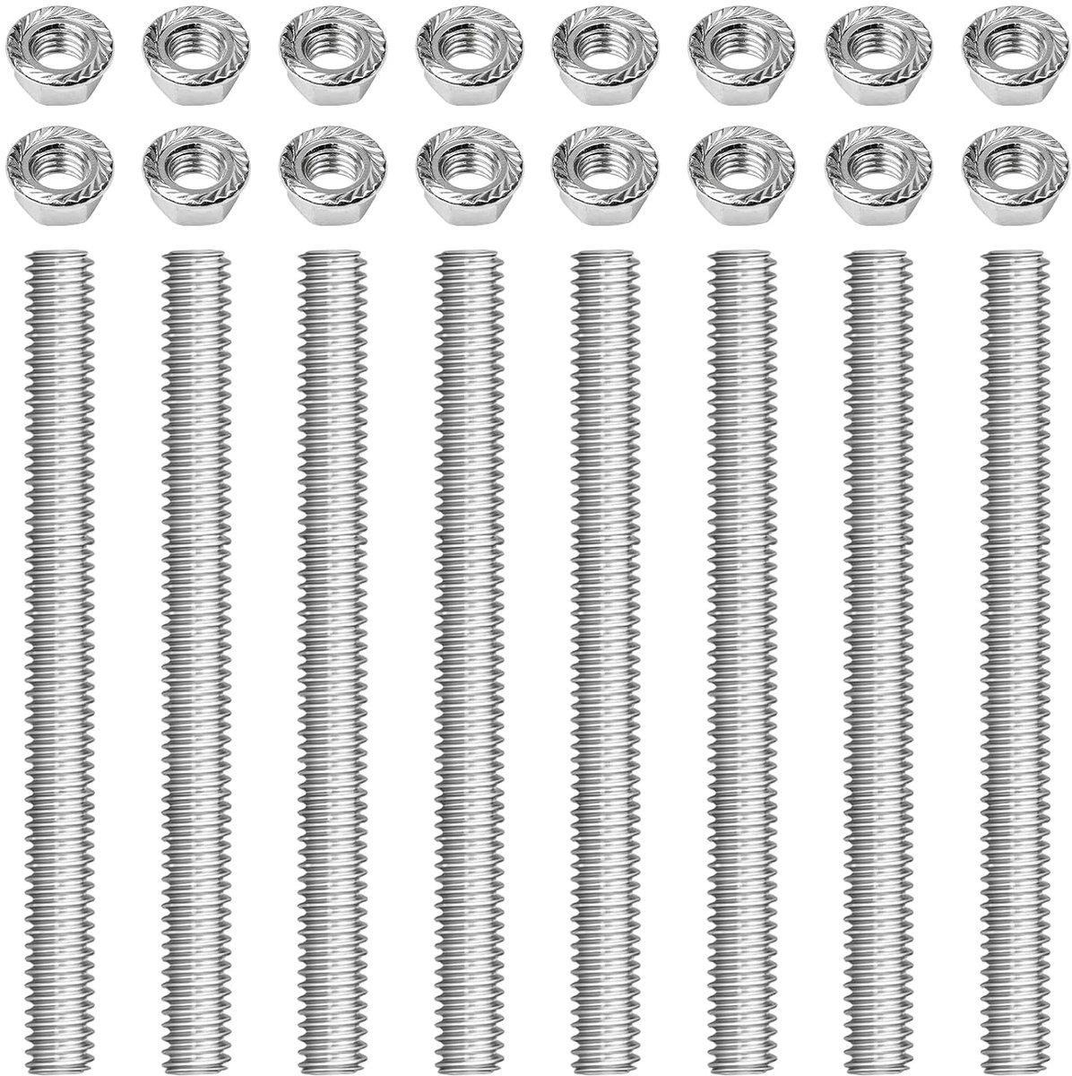 8 stuks M6 schroefdraadstang M6 x 200 mm schroefdraadstangen, uitgerust met 16 flensmoeren, volledige schroefdraad, schroefdraadstang voor machinemontage en meubelbouw