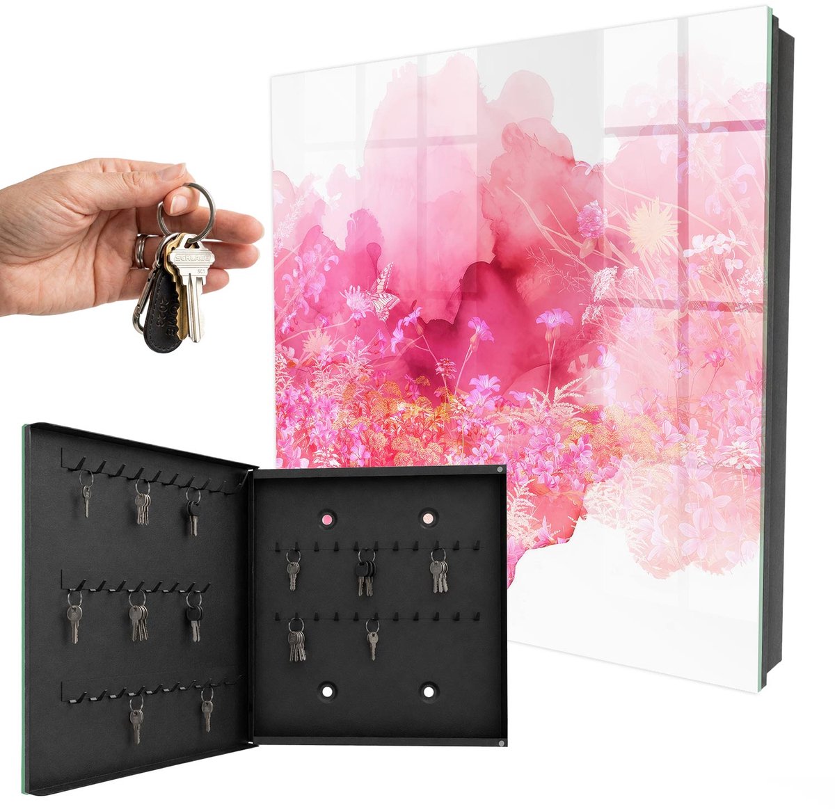 WallMuralia - Sleutelkast - 30x30x5 cm - met 50 haken - Bloemenlandschap Sleutelkastje Klein - Roze Sleutelbox - Linksopenend - Zwart interieur
