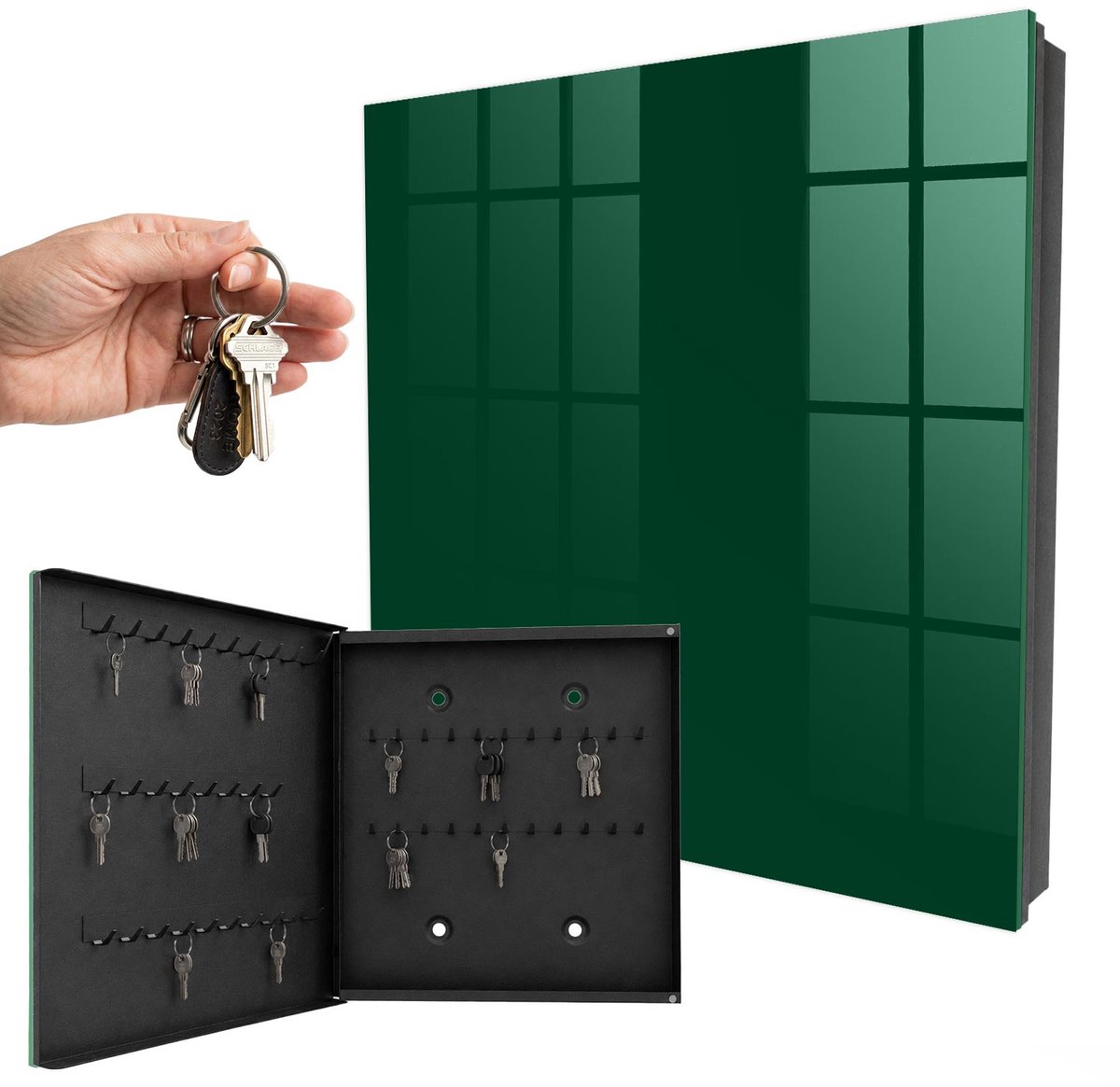 WallMuralia - Sleutelkast - 30x30x5 cm - met 50 haken - Flesgroen Sleutelkastje Modern - Groente Sleutelbox - Linksopenend - Zwart interieur