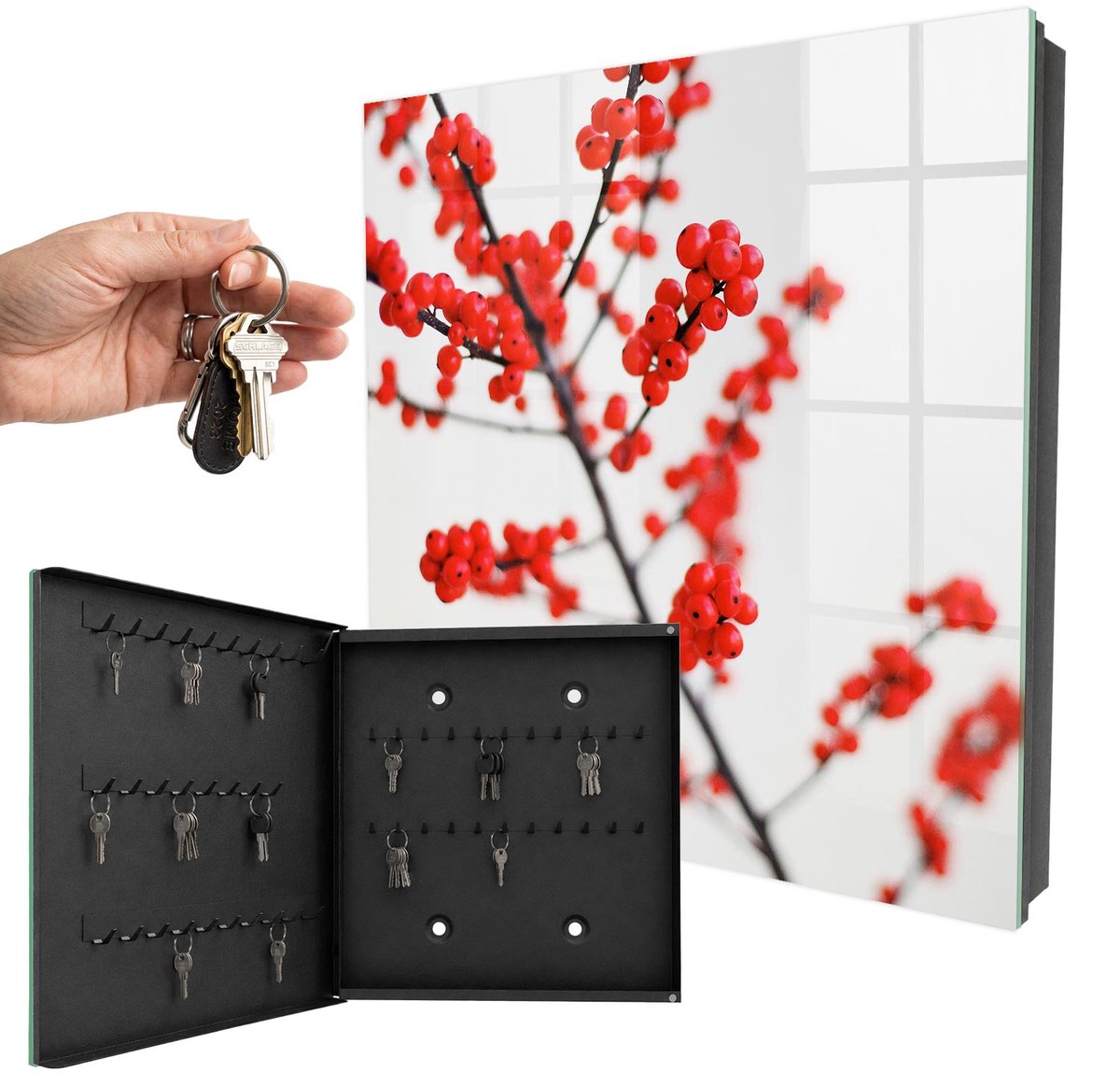 WallMuralia - Sleutelkast - 30x30x5 cm - met 50 haken - Rode Bessen Design Sleutelkastje - Rood Sleutelbox - Linksopenend - Zwart interieur