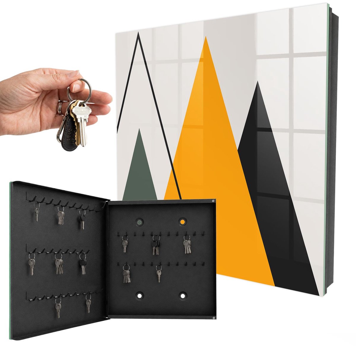 WallMuralia - Sleutelkast - 30x30x5 cm - met 50 haken - Moderne Compositie Sleutelkastje - Beige Sleutelbox - Linksopenend - Zwart interieur