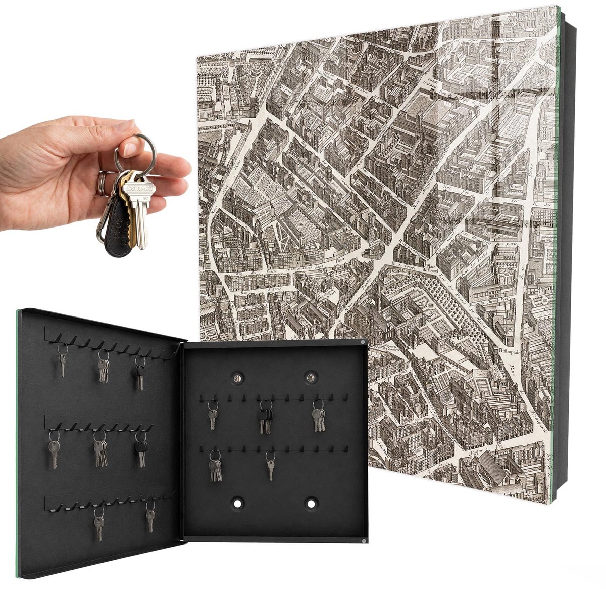 WallMuralia - Sleutelkast - 30x30x5 cm - met 50 haken - Stadsplattegrond Sleutelkastje Muur - Beige Sleutelbox - Linksopenend - Zwart interieur