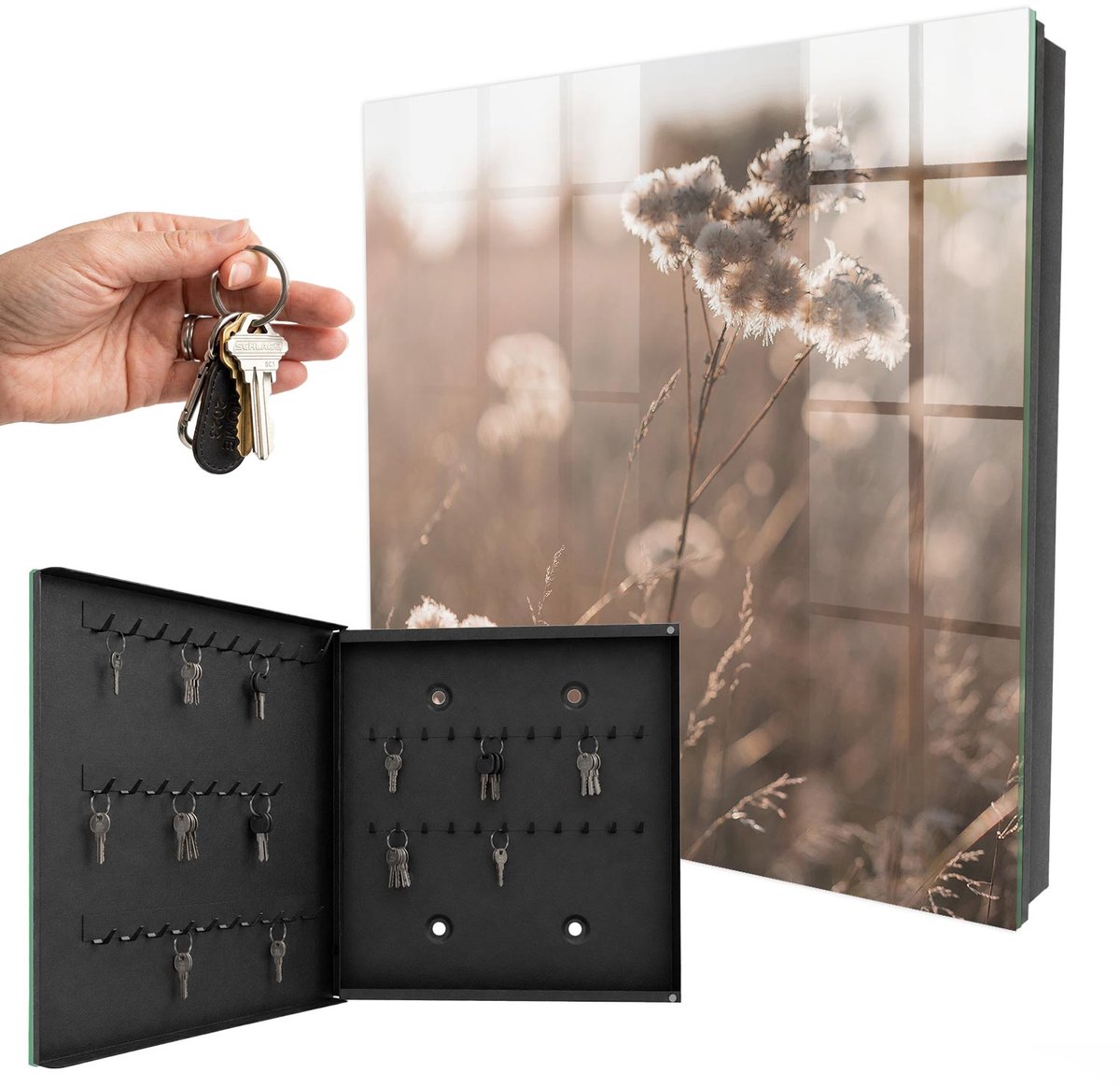 WallMuralia - Sleutelkast - 30x30x5 cm - met 50 haken - Natuurlijke Lichtheid Design Sleutelkastje - Romig Sleutelbox - Linksopenend - Zwart interieur