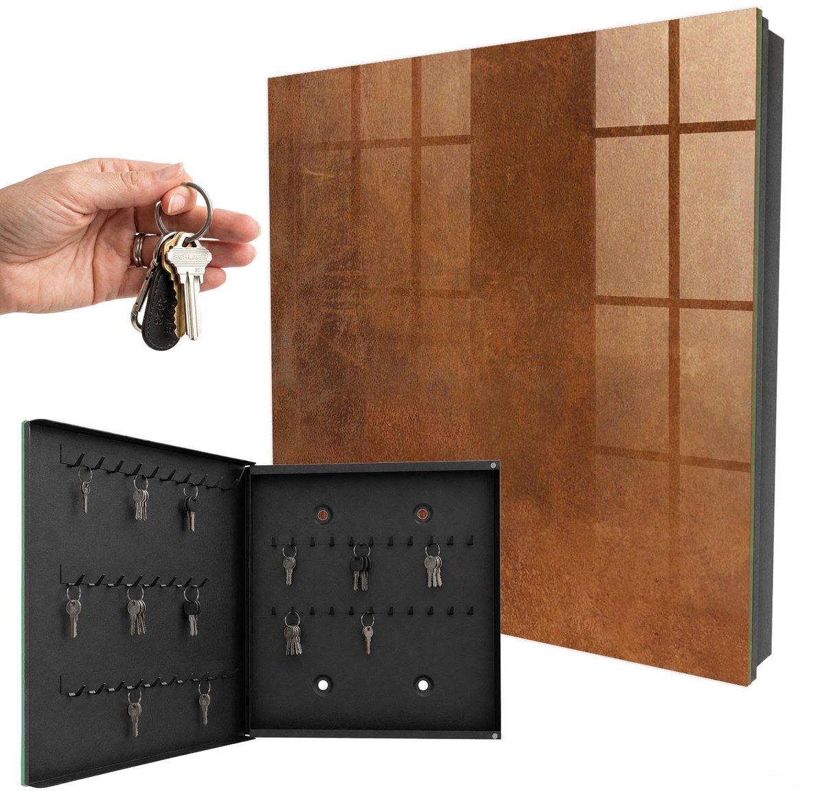 WallMuralia - Sleutelkast - 30x30x5 cm - met 50 haken - Bruine Textuur Sleutelkastje Design - Bruin Sleutelbox - Linksopenend - Zwart interieur