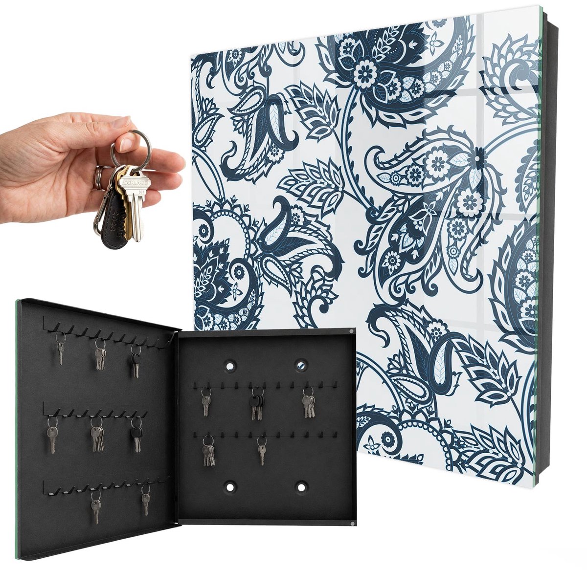WallMuralia - Sleutelkast - 30x30x5 cm - met 50 haken - Elegante Ornamenten Sleutelkastje Huis - Grijs Sleutelbox - Linksopenend - Zwart interieur