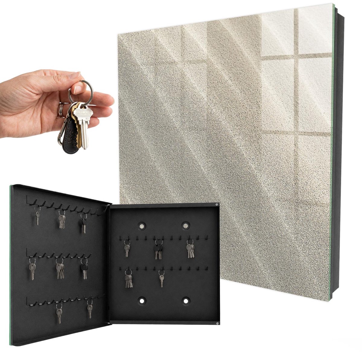 WallMuralia - Sleutelkast - 30x30x5 cm - met 50 haken - Schuimgolven Sleutelkastje Voor Binnen - Beige Sleutelbox - Linksopenend - Zwart interieur