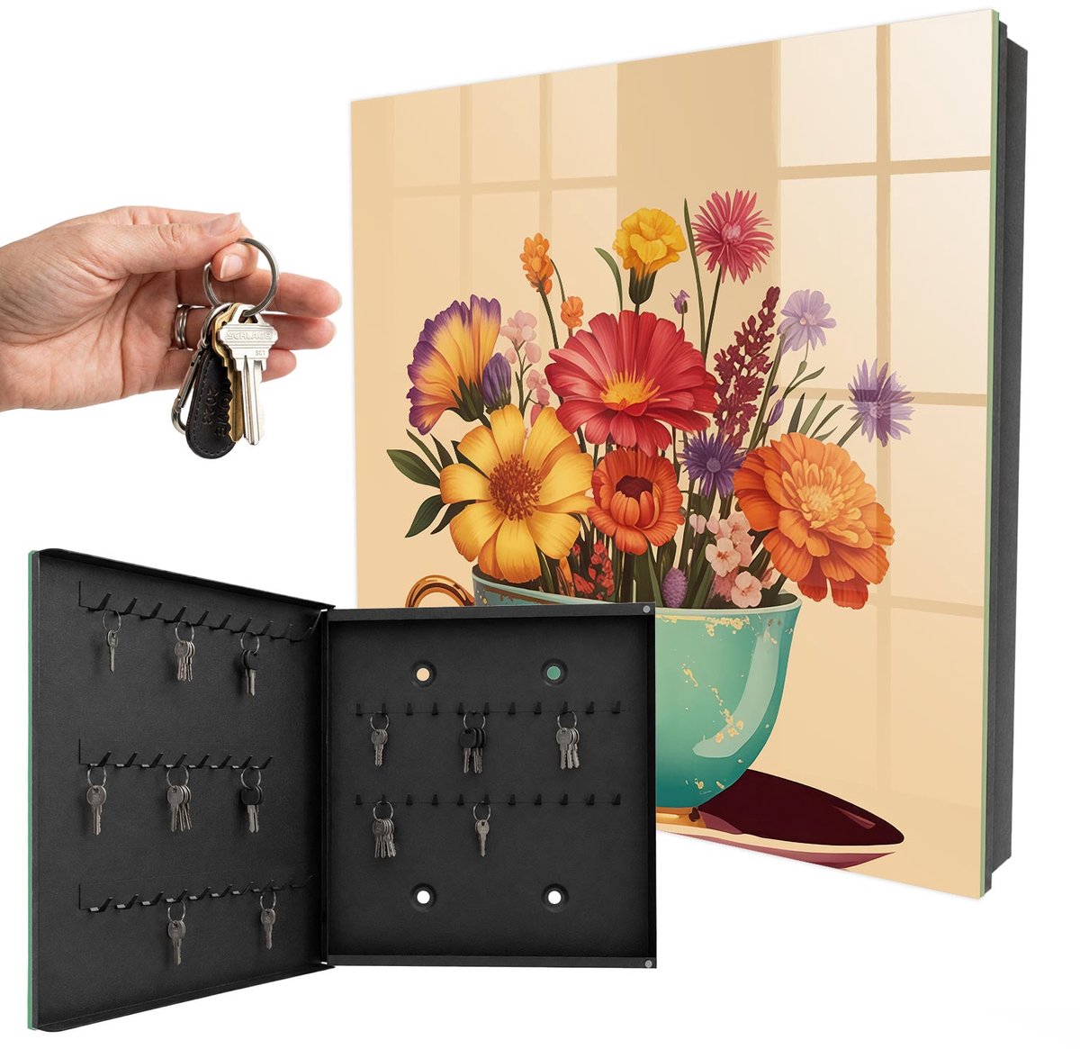 WallMuralia - Sleutelkast - 30x30x5 cm - met 50 haken - Bloemenbeker Sleutelkastje Modern - Turkoois Sleutelbox - Linksopenend - Zwart interieur