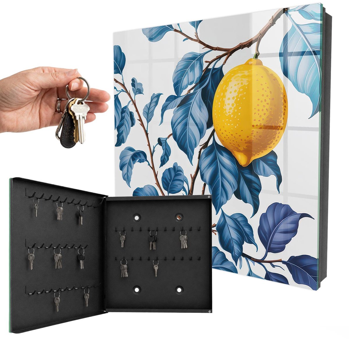 WallMuralia - Sleutelkast - 30x30x5 cm - met 50 haken - Citroenblaadjes Sleutelkastje Modern - Blauw Sleutelbox - Linksopenend - Zwart interieur