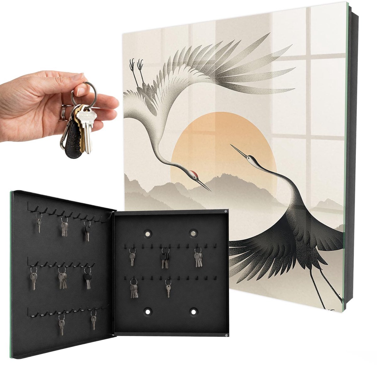 WallMuralia - Sleutelkast - 30x30x5 cm - met 50 haken - Japanse Kraanvogels Tegen De Achtergrond Van De Opkomende Zon. Sleutelkastje Industrieel - Grijs Sleutelbox - Linksopenend - Zwart interieur