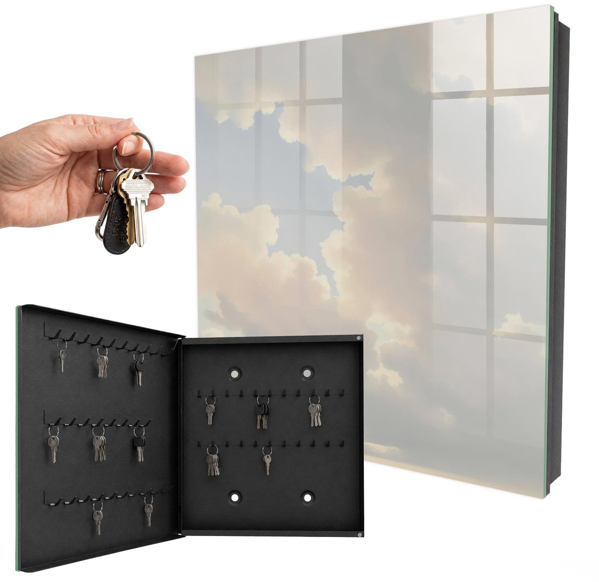 WallMuralia - Sleutelkast - 30x30x5 cm - met 50 haken - Wolken Aan De Hemel Sleutelkastje Voor Binnen - Beige Sleutelbox - Linksopenend - Zwart interieur