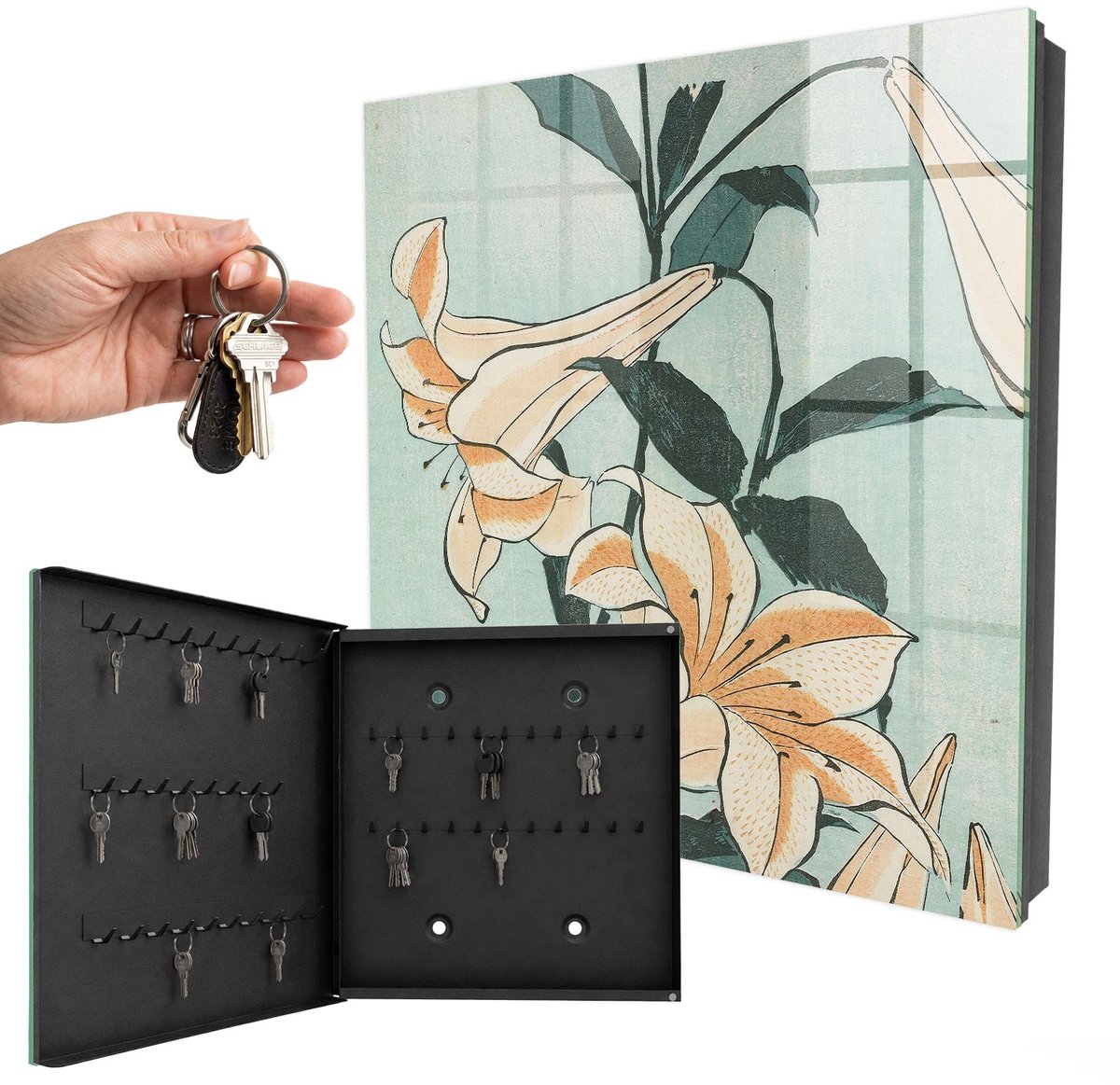 WallMuralia - Sleutelkast - 30x30x5 cm - met 50 haken - Subtiele Lelies Sleutelkastje Landelijk - Groente Sleutelbox - Linksopenend - Zwart interieur