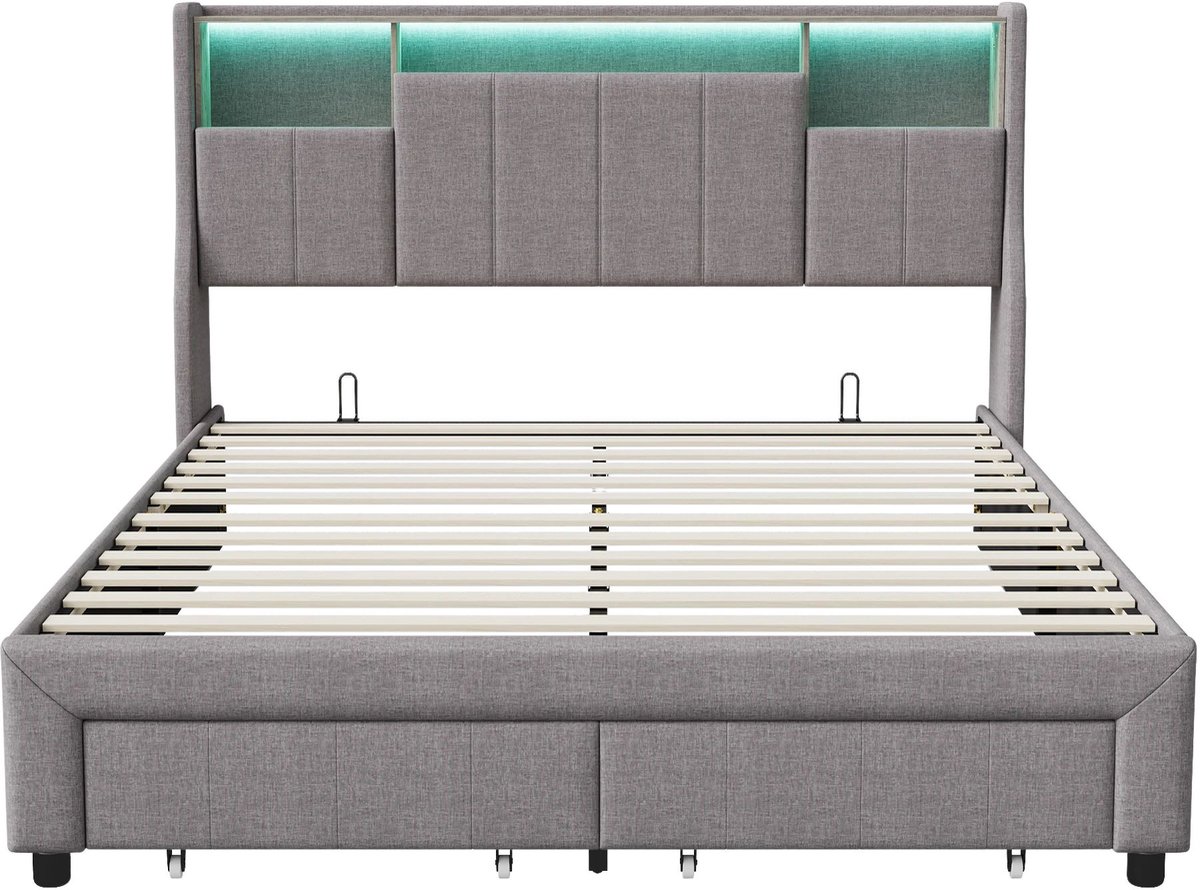 Happiq Gestoffeerd Tweepersoonsbed 160x200 cm Grijs - met Opbergruimte, Hoofdbord Gray