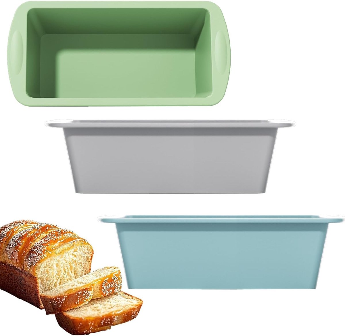 SnelShoppen - Siliconen broodbakvorm set van 3, hittebestendige rechthoekige bakvormen met handgrepen voor taarten, brood en gebak, BPA-vrij, keukenac