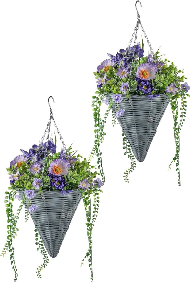 SnelShoppen - Set van 2 Hangmanden Kunstbloemen 35cm - Kegelvormige Geweven Mand met Realistische Paarse Bloemen - Decoratie voor Binnen en Buiten (Te