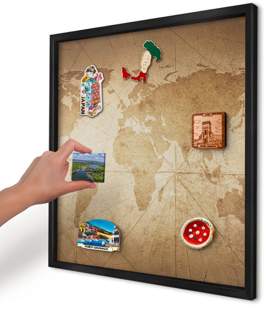 Artprintcave Beige Magneetbord mit Zwart Frame - 50x50 cm - Oude Kaart Notitiebord - Vintage Magnetische Organizer - Kaarten