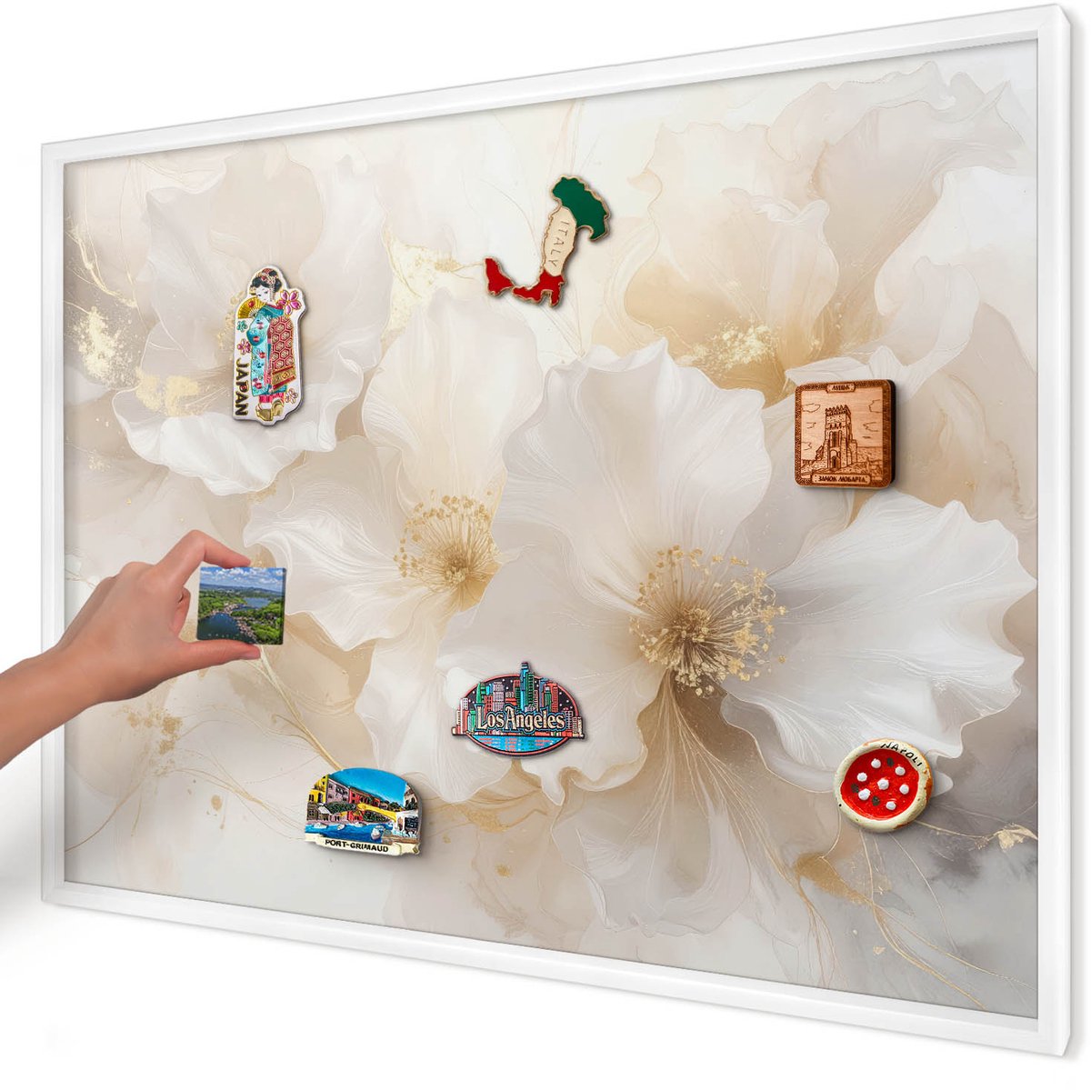Artprintcave Romig Magneetbord mit Witte Lijst - 100x70 cm - Pastelkleurige Bloemen Notitiebord - Minimalist Memobord Keuken - Bloemen En Planten