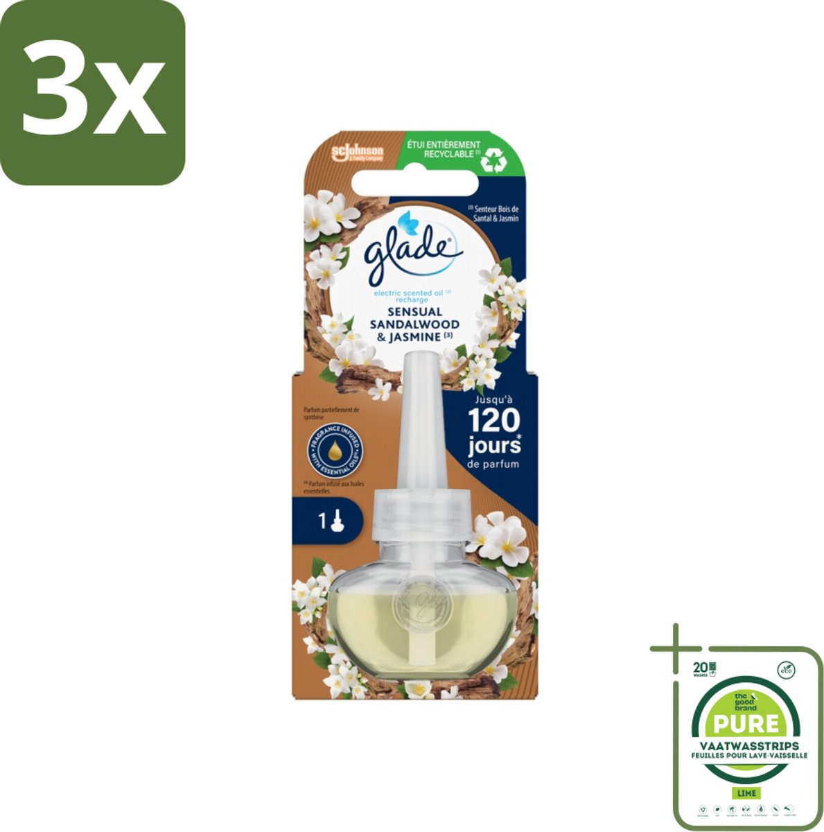 3 x Glade - Navulling Elektrische Olie - Sensual Sandelhout Jasmijn - 20 ml - Grootverpakking - Geurkaars - Elektrische Geur - Sandelhout - Jasmijn - Geur