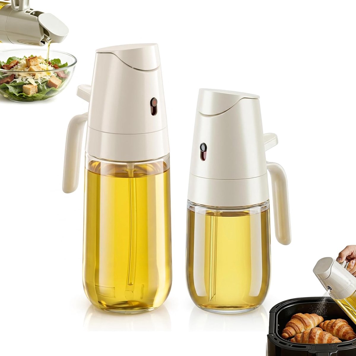 2-in-1 Oliespuit en Dispenser 2 Pack - Zwaartekracht Auto Open/Dicht Glazen Olijfoliefles voor Keuken - 65° Breedstraalnevel, Druppelvrije Schenktuit voor BBQ, Airfryer, Salade