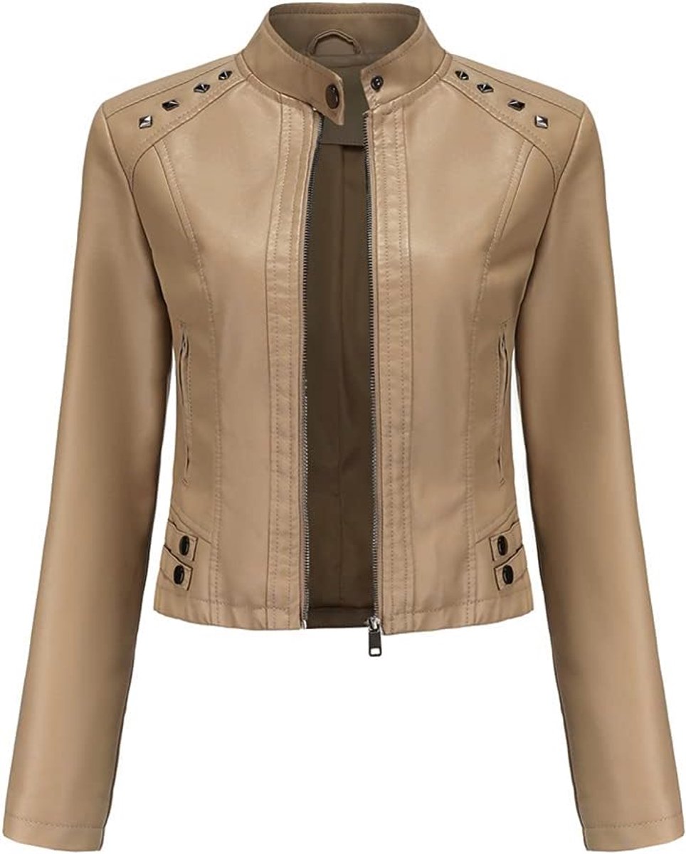 Leren damesjas, kort, kunstleer, ritssluiting, klinknagels, modieus, solide, kleur bikerjack