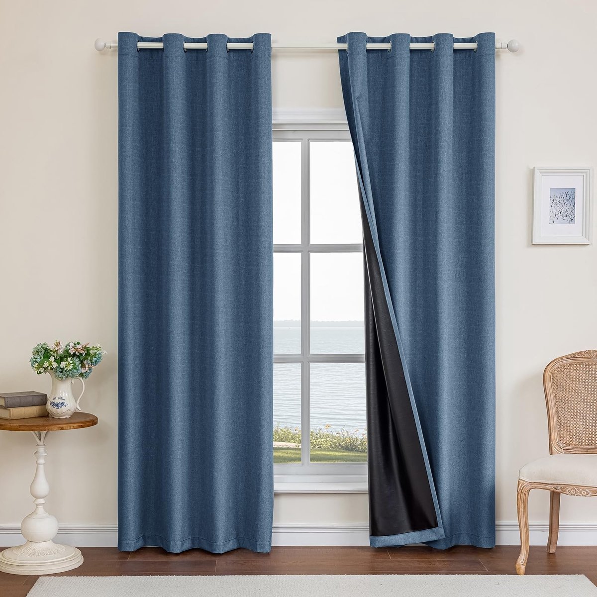 Omgoods - 100% Blackout Linnen Effect Gordijnen Set van 2 - 140x245cm, Geluiddempende en Warmte Isolerende Gordijnen Blauw
