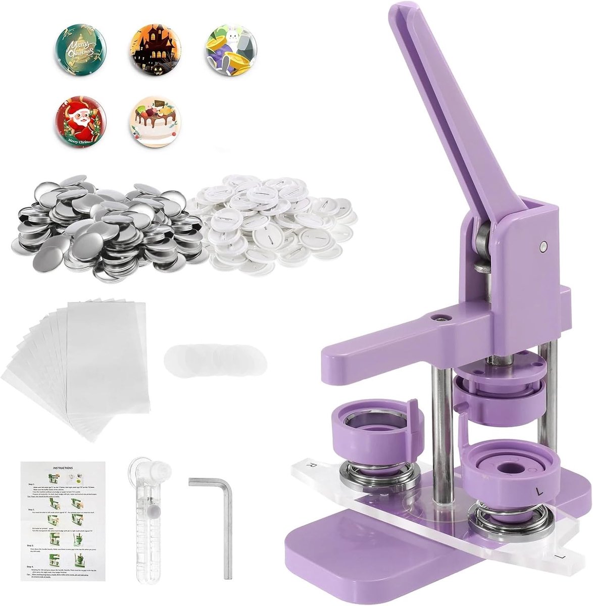 Brochemachine, brochmachine, pinmake, 58 mm push-pull DIY pinmaker, inclusief 100 sets kunststof knoppen voor het maken van gepersonaliseerde accessoires