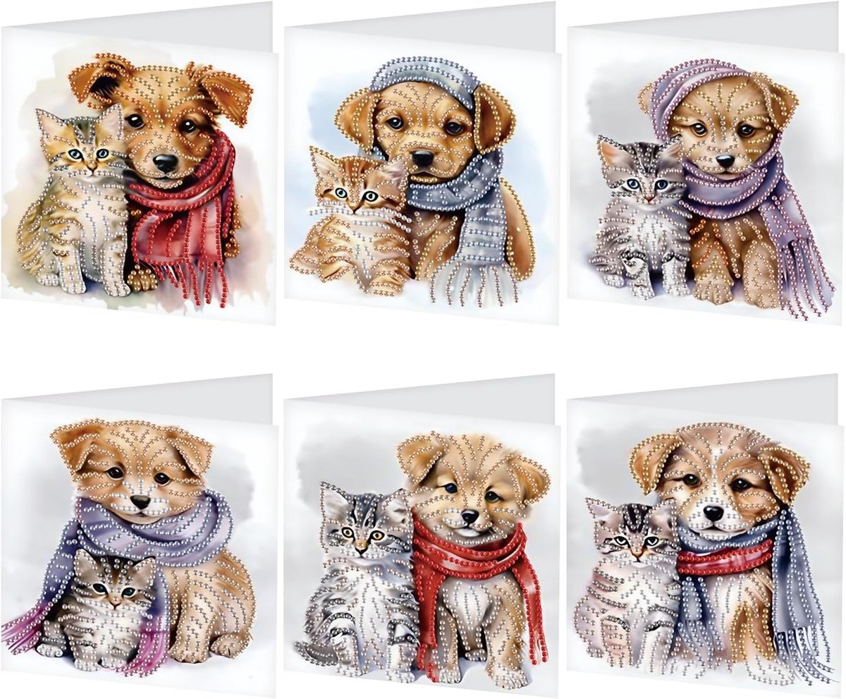Diamond Painting wenskaartenset, kat en hond, kaarten met enveloppen, verjaardagskaart, bedankkaart, zegentiekaart, feestdagkaarten, cadeau voor alle leeftijden
