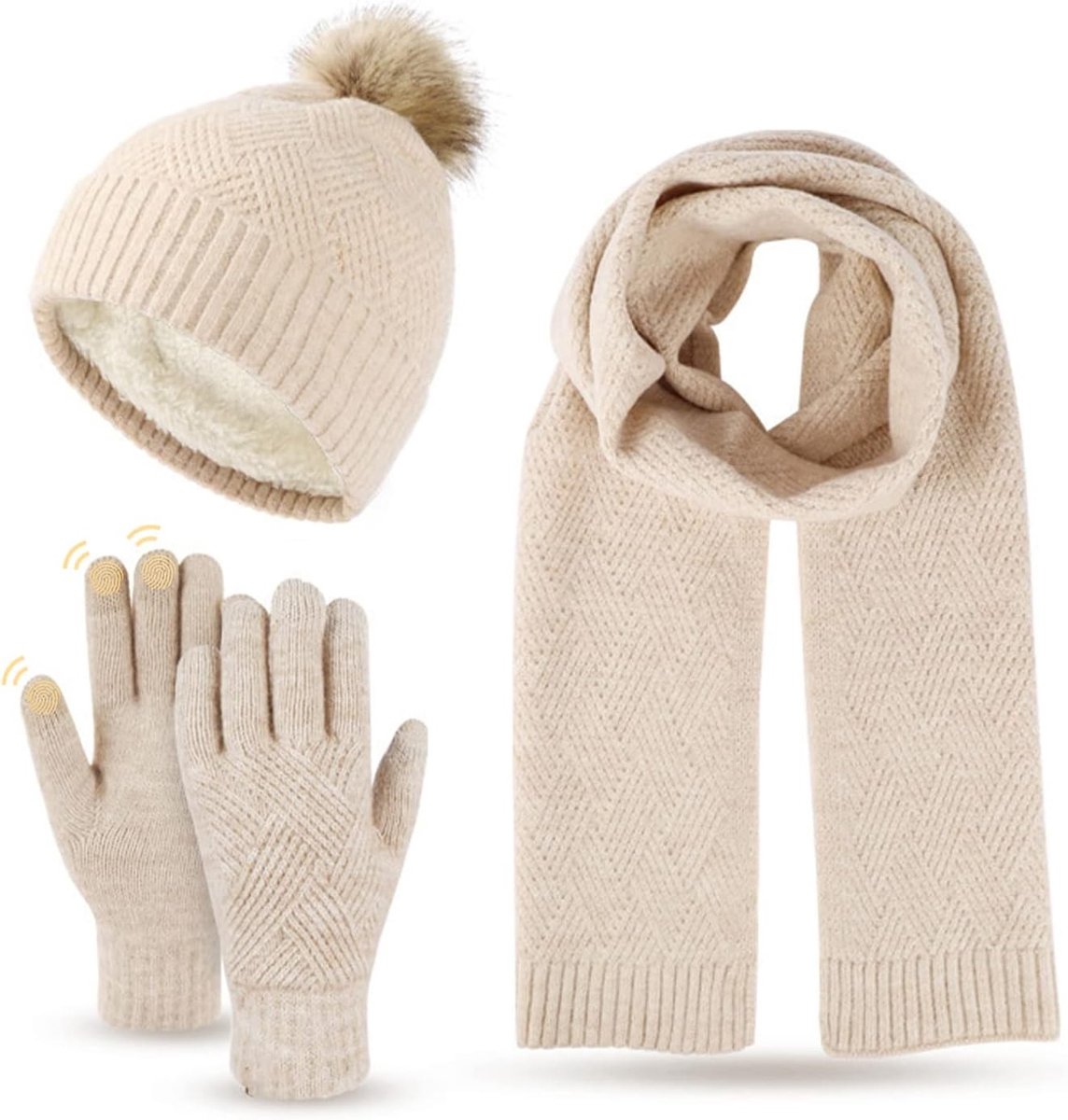 Warme Gebreide Winterset voor Dames met Muts, Sjaal en Touchscreen Handschoenen voor Ultiem Comfort