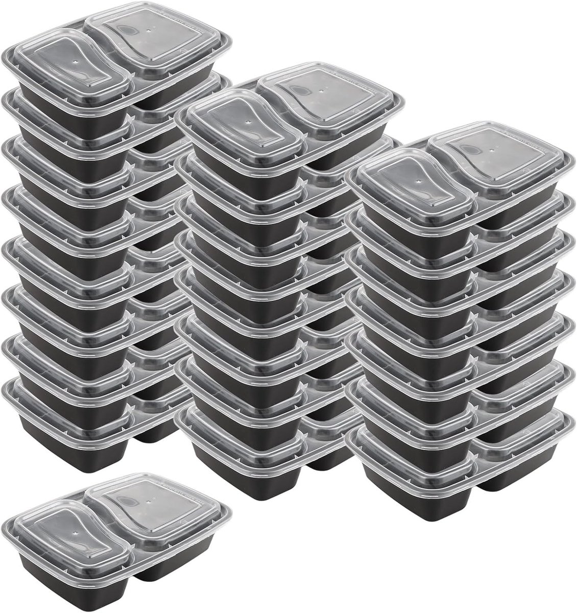 25 stuks maaltijdbereidingscontainers, zwart, BPA-vrije kunststof maaltijdbereidingsdozen met 2 vakken, magnetronherbruikbare lunchbox 1000 ml met deksel