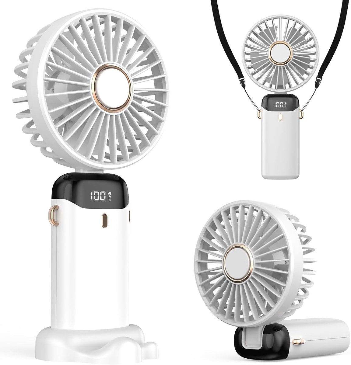 Handventilator, 4200mAh USB Ventilator met LED-display, 3-in-1 Hand-/Nek-/Bureauventilator, 90° Verstelbaar en Opvouwbaar, Verkoeling voor Zomer, Thuis, Kantoor, Reizen, Cadeaus (Wit)