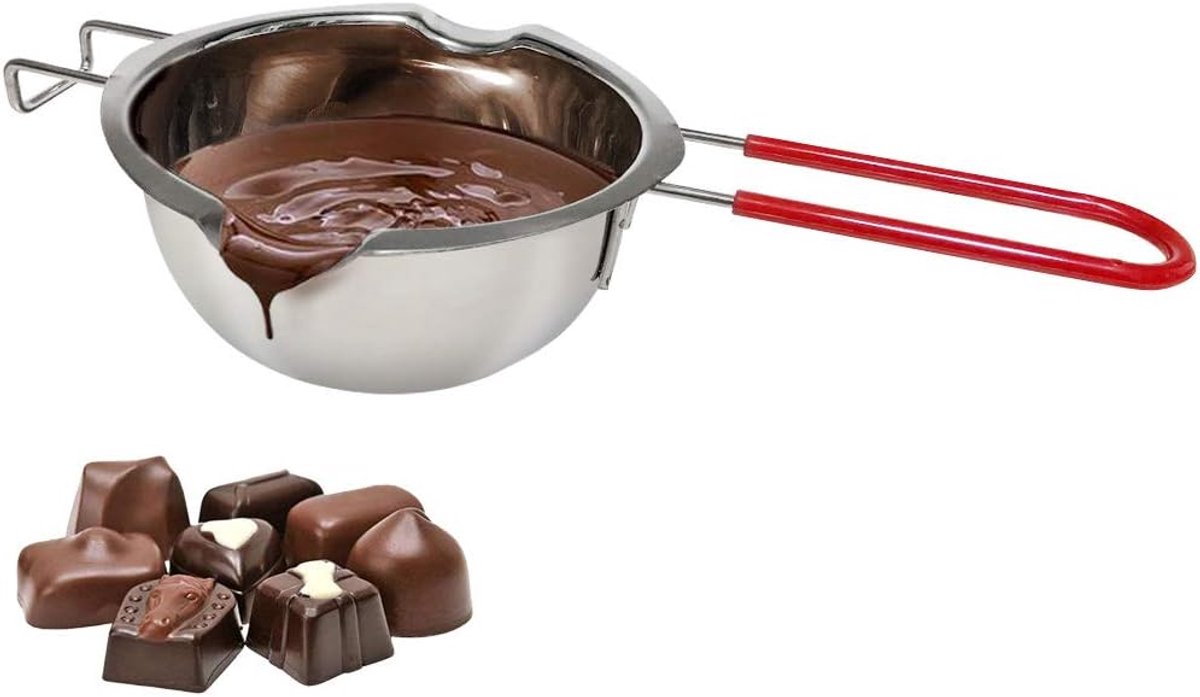 Chocoladesmeltcontainer van 18/8 roestvrij staal met dubbele schenktuit, hittebestendige handgreep, platte bodem, ideaal voor het smelten van boter, 480 ml, zilverkleurig.
