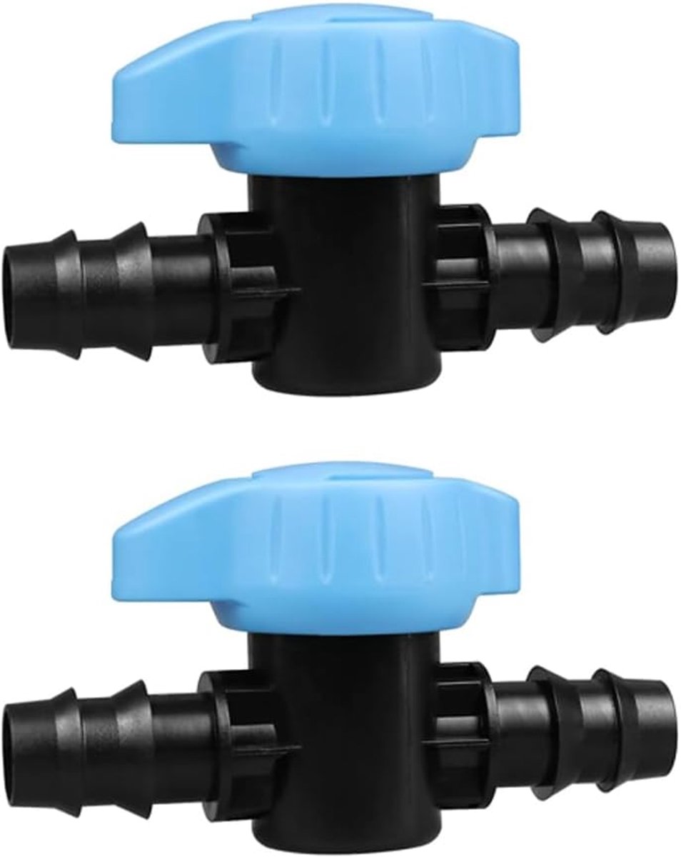 Druppelirrigatie schakelaarventiel, 2 stuks dubbele weerhaken afsluitventiel, waterslangconnectoren voor tuin, kas, moestuin (16 mm)