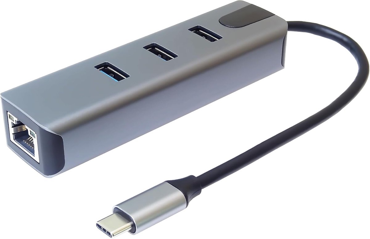 USB-C naar Gigabit RJ45-adapter + 3x USB A, Ethernet RJ45 10/100/1000 Mbps, SuperSpeed 3.2 Gen1 5 Gbit/s, voor pc, laptop, toetsenbord, muis, SSD, metalen behuizing, 15 cm
