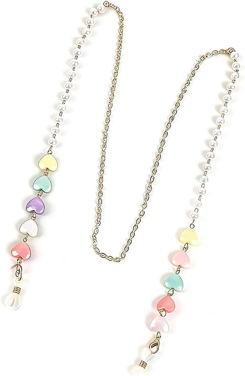 Brillenketting, brillenkoord met hartvormige kralen en verstelbare lussen | Stijlvolle parelketting als brillenhouder voor dames – voor zonnebrillen, leesbrillen, mondkapjes en dagelijks gebruik