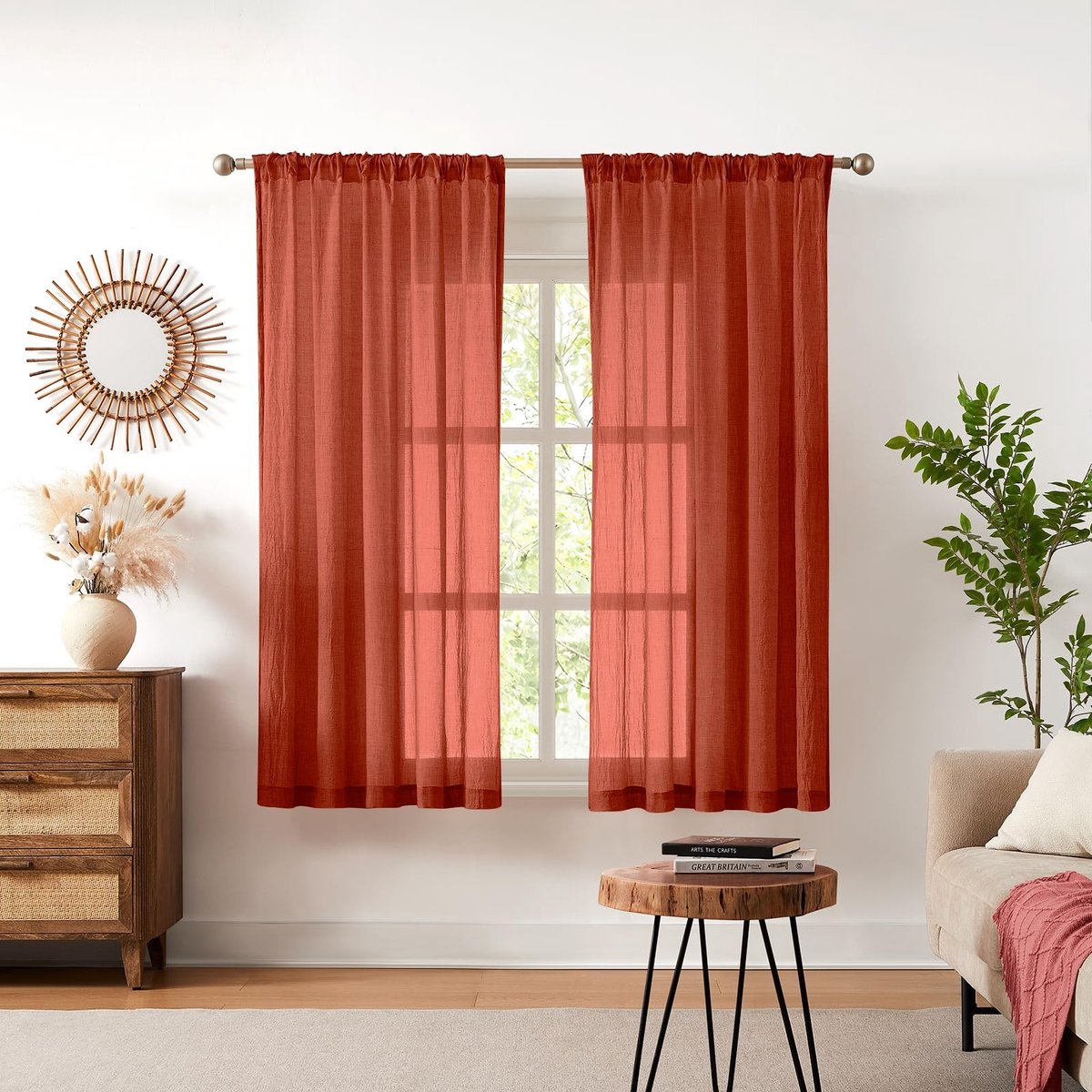 Omgoods - Korte Gordijnen met Ruffle Tape - 175 x 140 cm - Terracotta