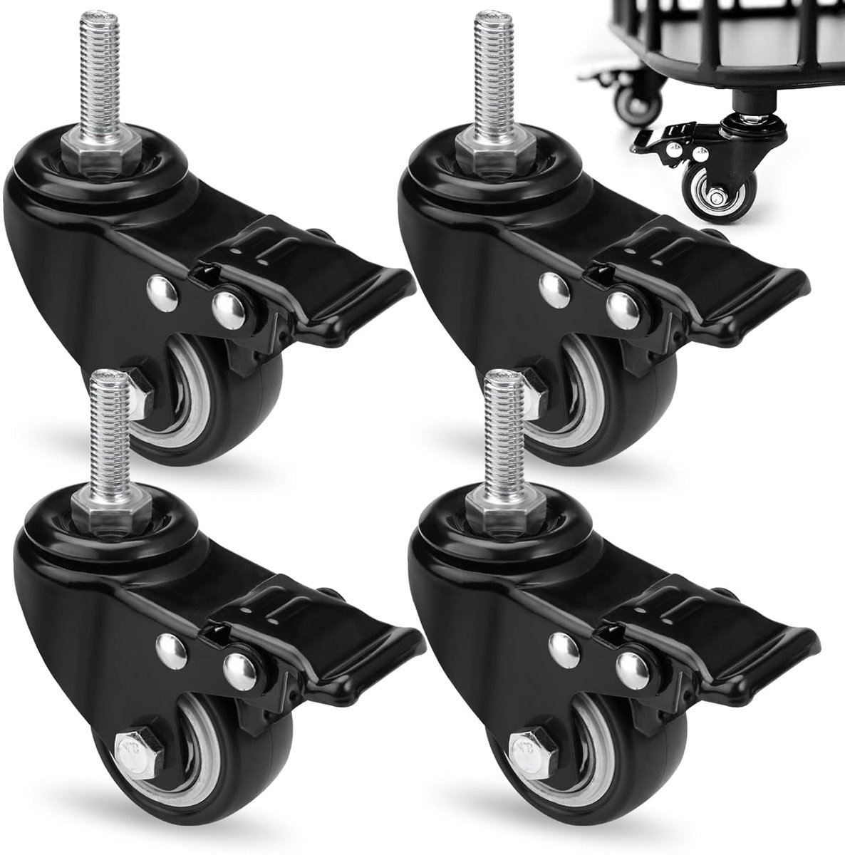 4 stuks 50 mm meubelwielen schroefdraad M8 met rem, wielen met schroefdraad M8 X 25 mm heavy duty wielen met rem, wielen voor meubels 360° rotatie, geruisloze zwenkwielen met schroefdraad, gewicht per