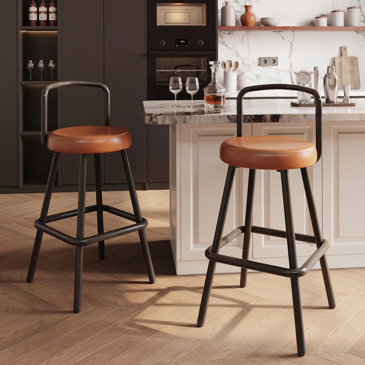 Pugsdrly Moderne barkrukken, set van 2, met ergonomische rugleuning, waterafstotend PU-leer en stevige ijzeren poten; barkruk met rugleuning en voetsteun voor bar, keuken en eetkamer, bruin