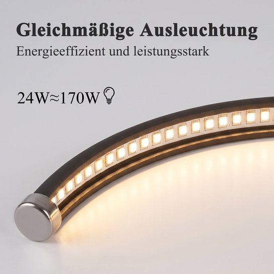 Close-up van LED-strips in een gebogen, zwarte arm van een plafondlamp.