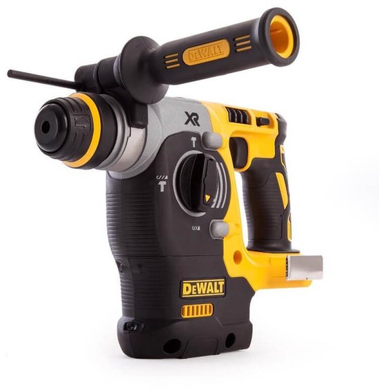 DeWalt SDS-plus combihamer, zwart en geel, met extra handvat en SDS-plus boor.