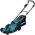 Makita accu grasmaaier in turquoise en zwart, met rode handgreep en grasopvangzak.