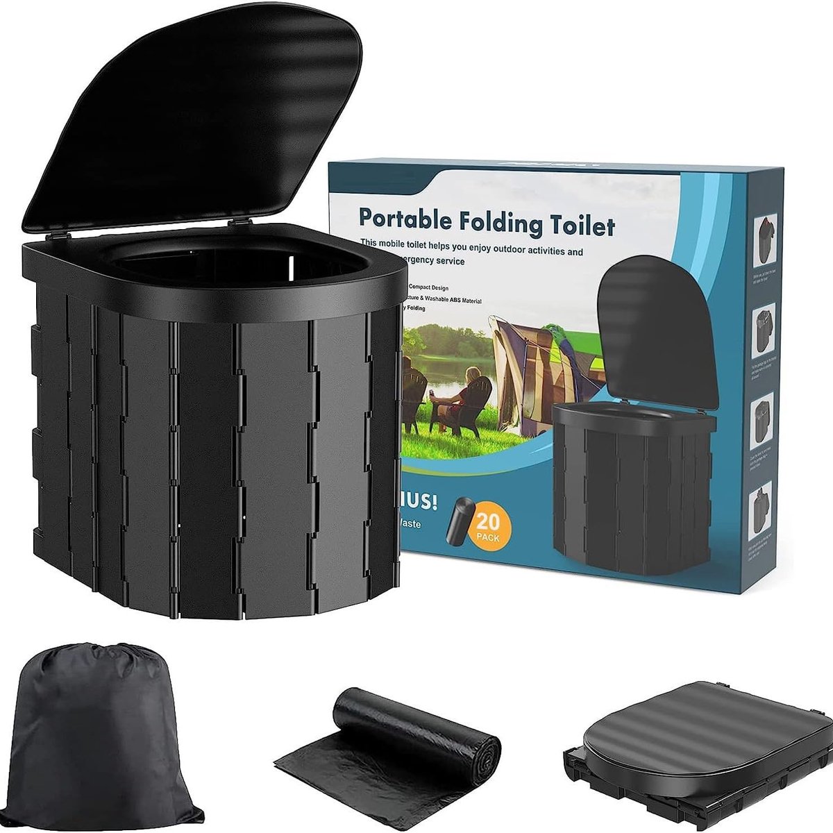 draagbaar toilet voor volwassenen en kinderen, opvouwbaar waterdicht portapotje voor camping, auto, emmer, reizen, outdoor, wandelen, uitstapjes, boot, strand, tent (zwart)