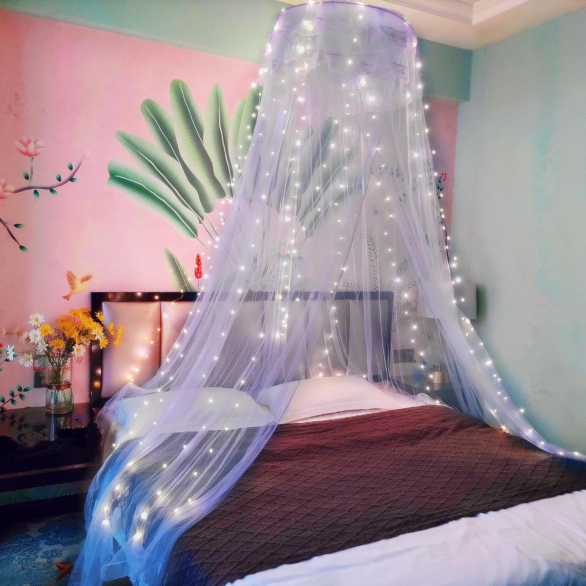 Bed Luifel Klamboe met Warme Lichten, Prinses Bed Luifel voor Meisjes Kamer Decor, Blauw/Enkele Deur
