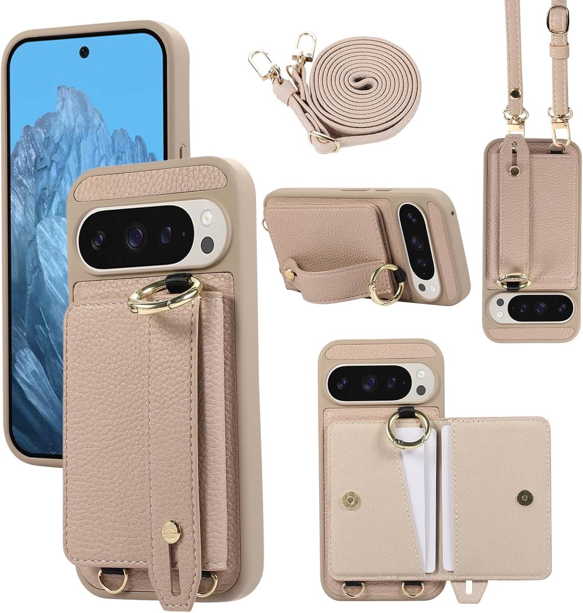Case voor Google Pixel 9/9 Pro hoes, crossbody met portemonnee en kaartsleuven, ringstandaard, handlus, portemonnee, telefoonhoes, dun, leren hoes voor Google Pixel 9/9 Pro, kaki